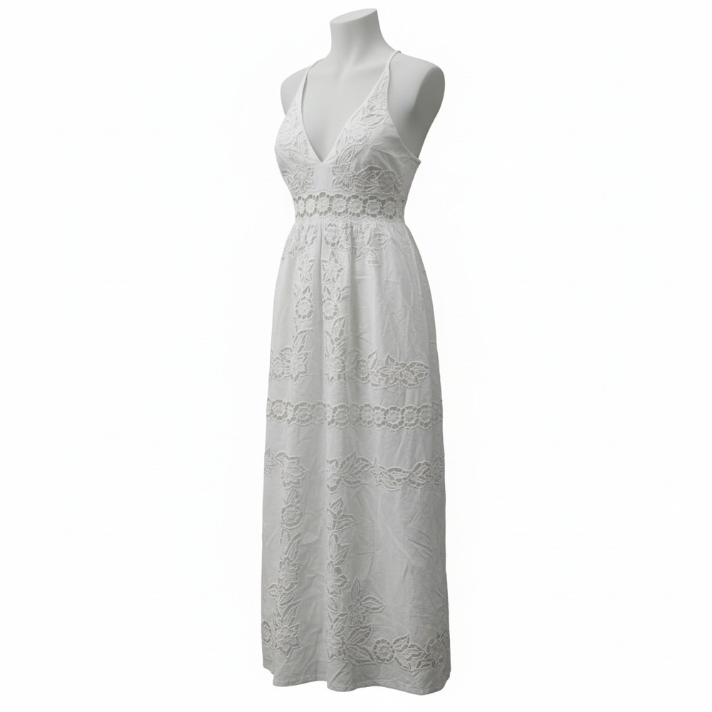 White Lace V-Neck Maxi Dress with Crochet Waist
